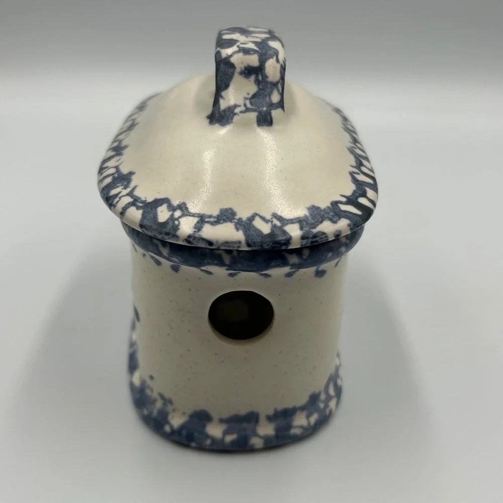 Blue Spongeware Heart Pottery Butter Dish Lid Farmhouse Stoneware Trinket Box